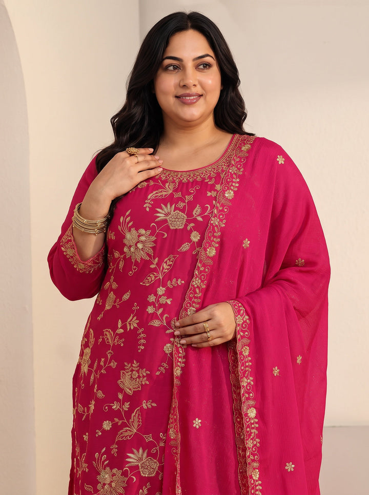 Plus Size Rani Pink Floral Embroidered Chinon Palazzo Suit Set