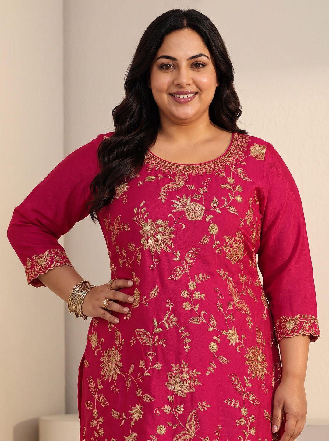 Plus Size Rani Pink Floral Embroidered Chinon Palazzo Suit Set
