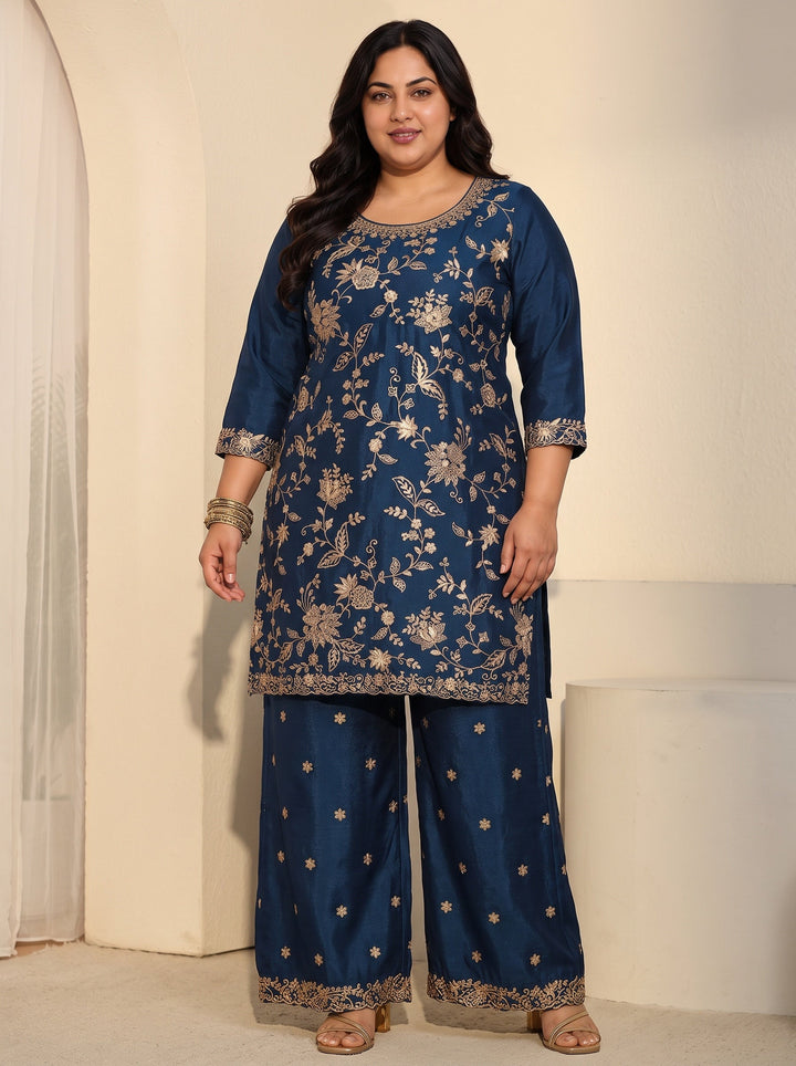 Plus Size Navy Blue Floral Embroidered Chinon Palazzo Suit Set