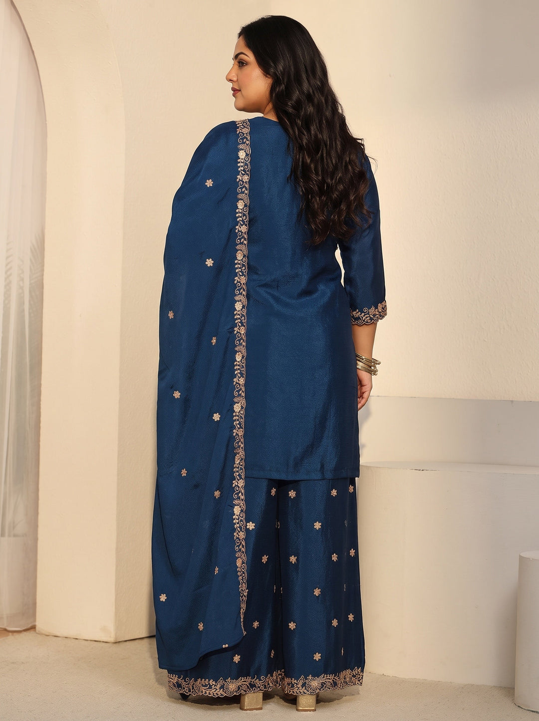 Plus Size Navy Blue Floral Embroidered Chinon Palazzo Suit Set