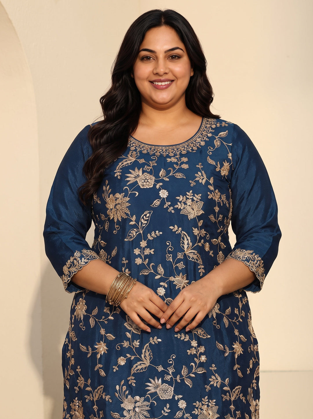 Plus Size Navy Blue Floral Embroidered Chinon Palazzo Suit Set