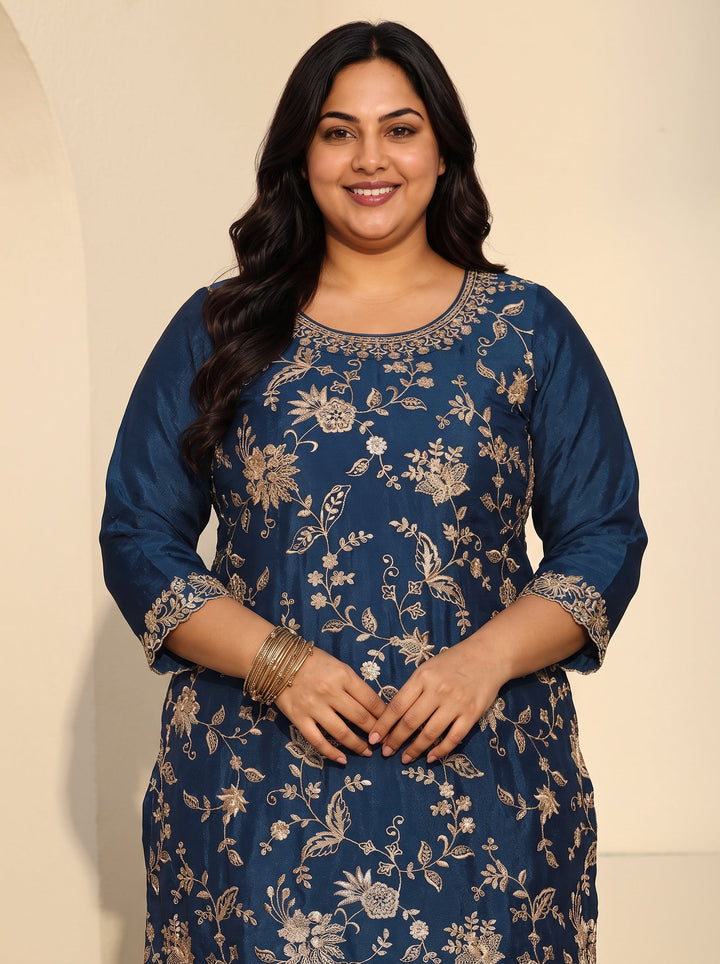 Plus Size Navy Blue Floral Embroidered Chinon Palazzo Suit Set