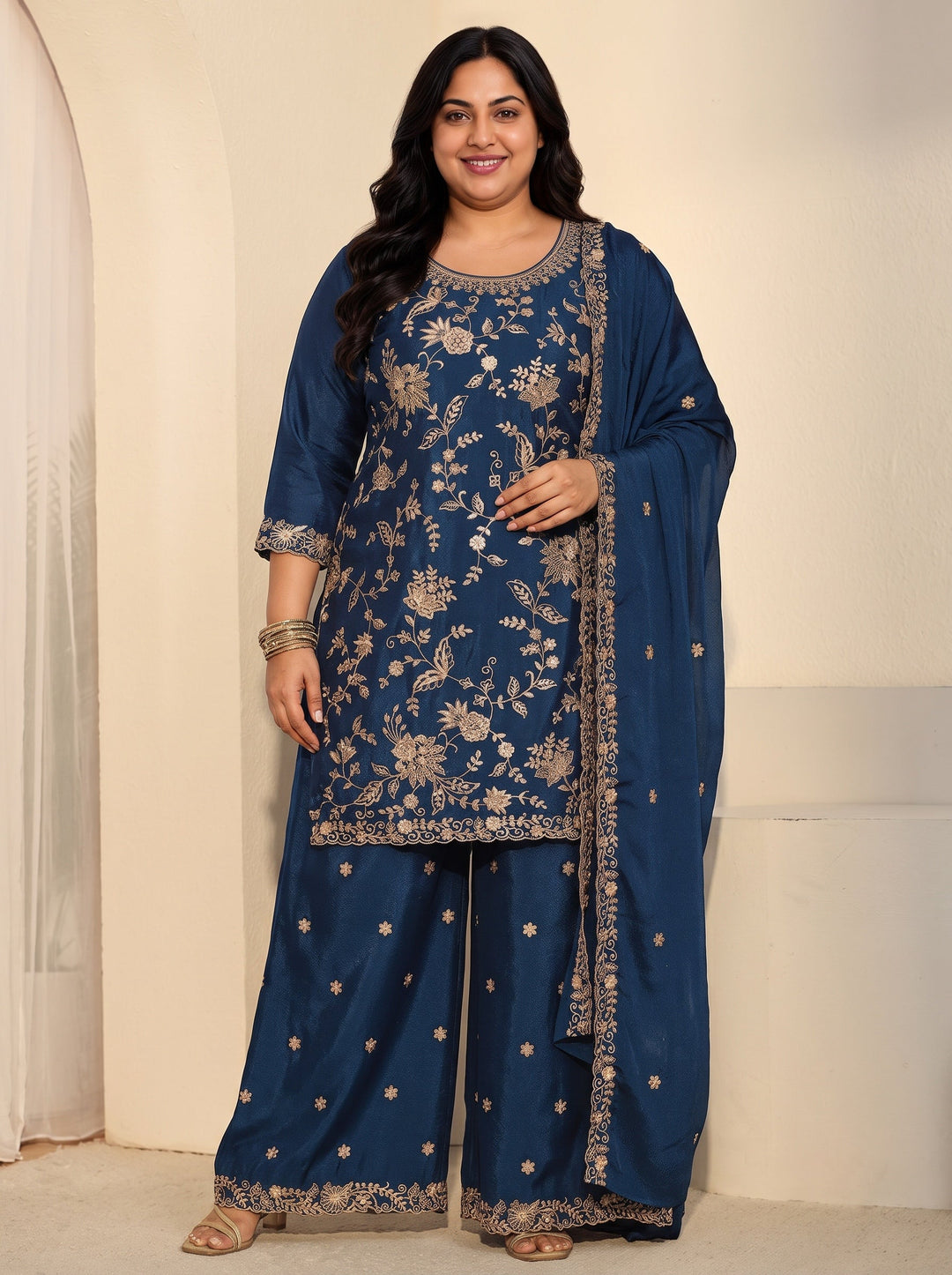 Plus Size Navy Blue Floral Embroidered Chinon Palazzo Suit Set