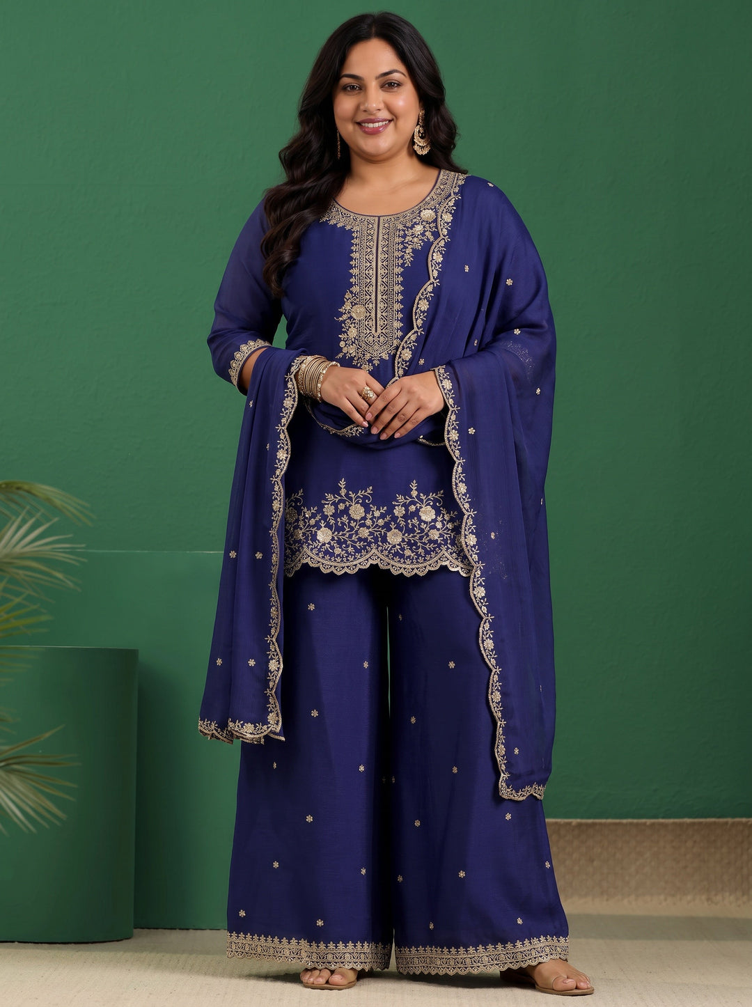 Plus Size Royal Blue Floral Embellished Chinon Palazzo Suit Set