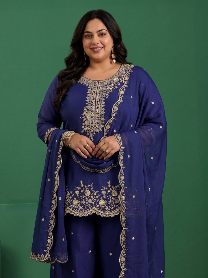 Plus Size Royal Blue Floral Embellished Chinon Palazzo Suit Set