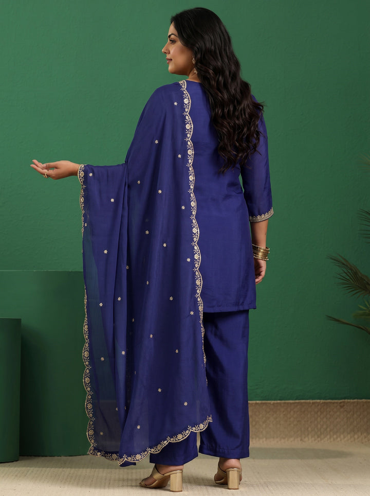 Plus Size Royal Blue Floral Embellished Chinon Palazzo Suit Set