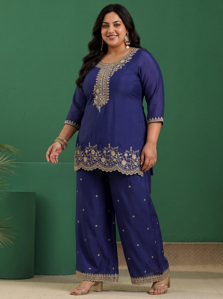 Plus Size Royal Blue Floral Embellished Chinon Palazzo Suit Set
