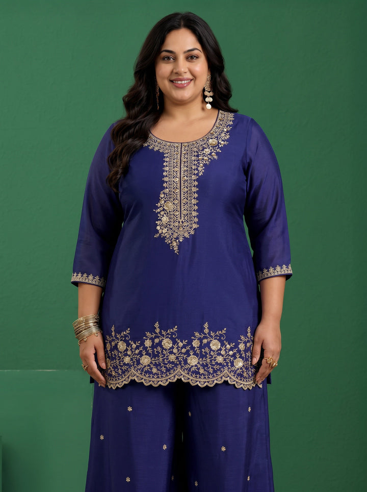 Plus Size Royal Blue Floral Embellished Chinon Palazzo Suit Set