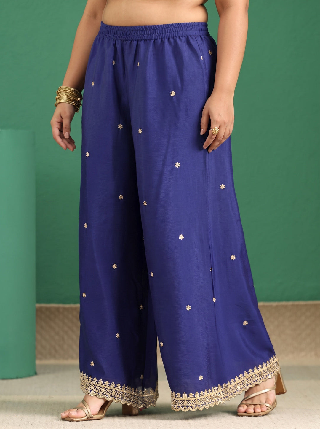 Plus Size Royal Blue Floral Embellished Chinon Palazzo Suit Set