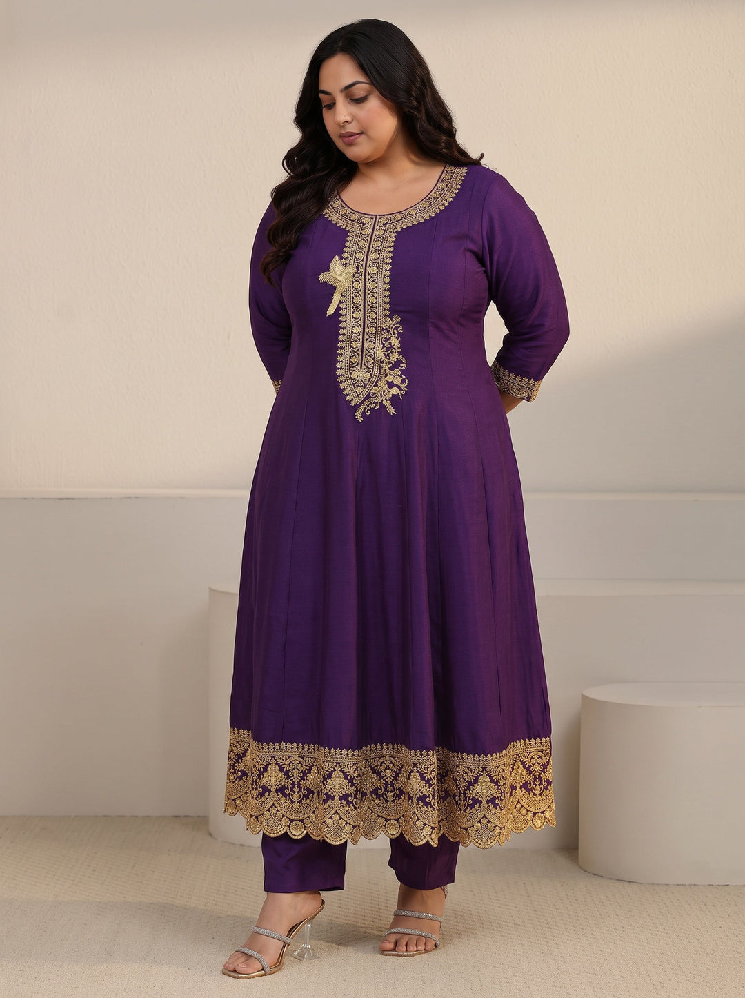 Plus Size Deep Violet Yoke Embroidered Silk Blend Anarkali Suit Set