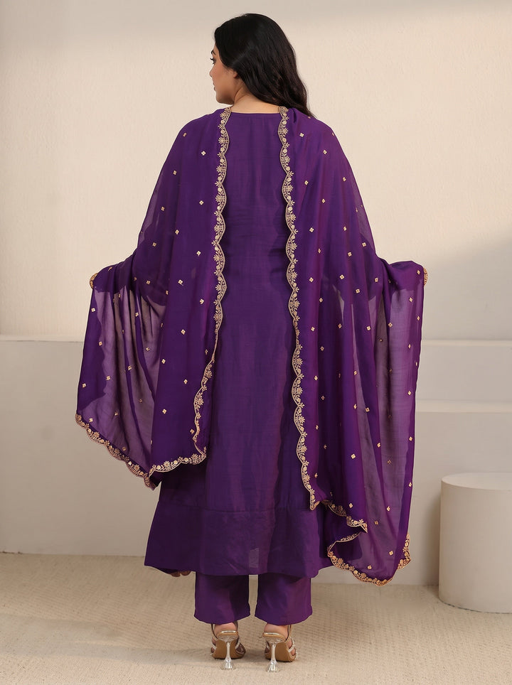 Plus Size Deep Violet Yoke Embroidered Silk Blend Anarkali Suit Set