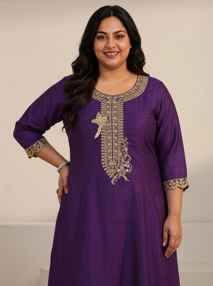 Plus Size Deep Violet Yoke Embroidered Silk Blend Anarkali Suit Set