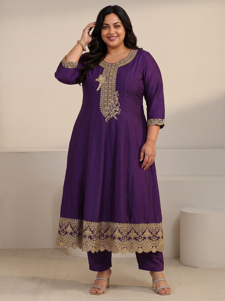 Plus Size Deep Violet Yoke Embroidered Silk Blend Anarkali Suit Set