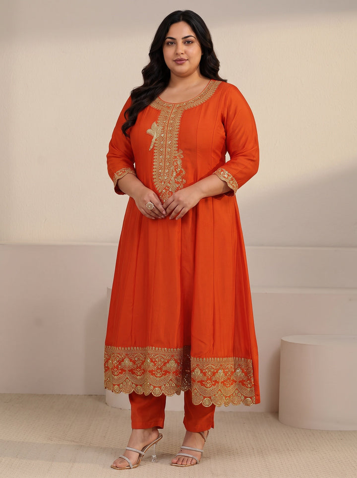 Plus Size Orange Yoke Embroidered Silk Blend Anarkali Suit Set