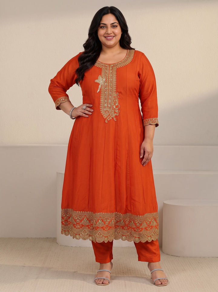 Plus Size Orange Yoke Embroidered Silk Blend Anarkali Suit Set
