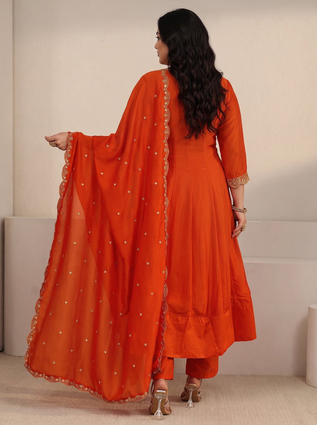 Plus Size Orange Yoke Embroidered Silk Blend Anarkali Suit Set