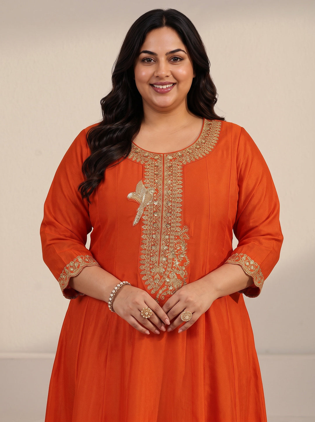 Plus Size Orange Yoke Embroidered Silk Blend Anarkali Suit Set