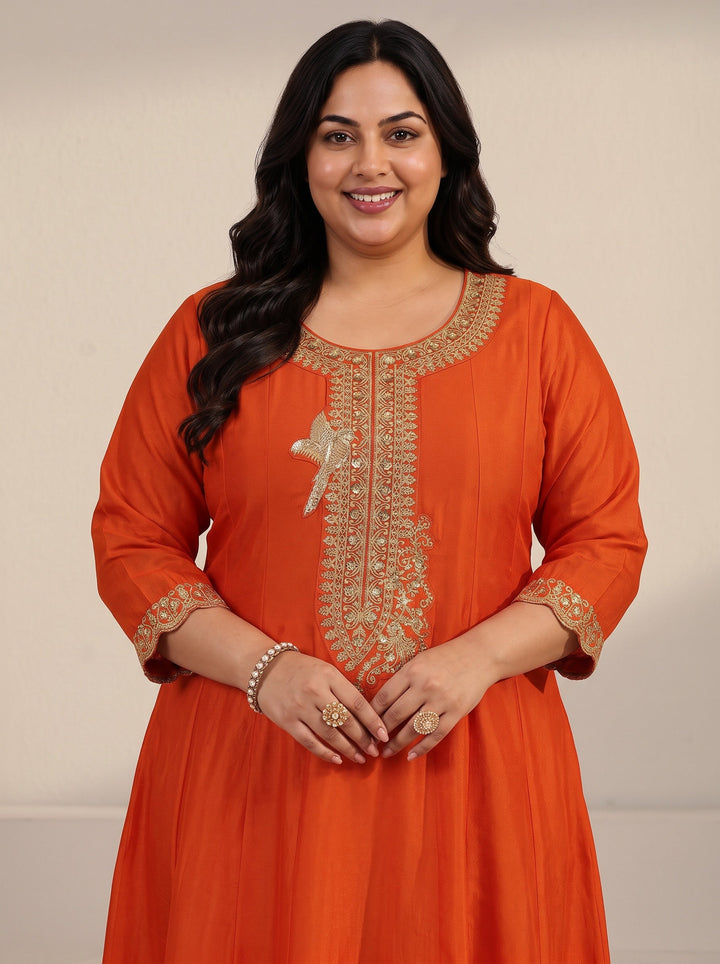 Plus Size Orange Yoke Embroidered Silk Blend Anarkali Suit Set