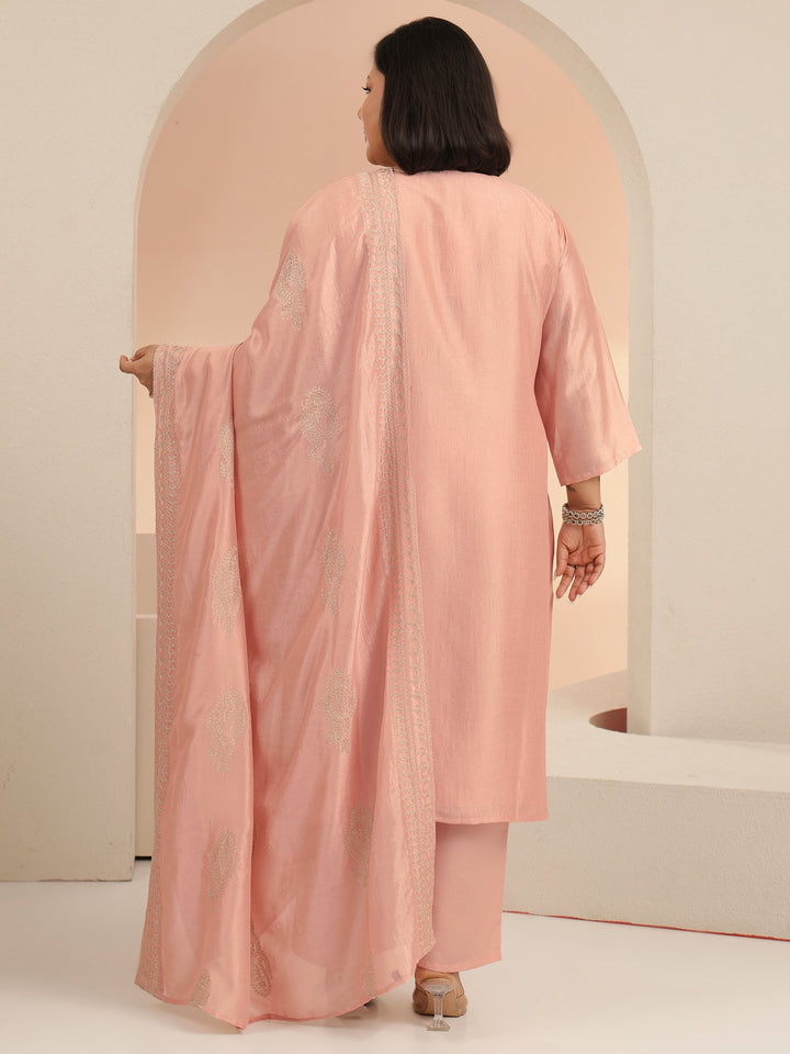 Plus Size Pink Paisley Zari Embellished Straight Suit Set