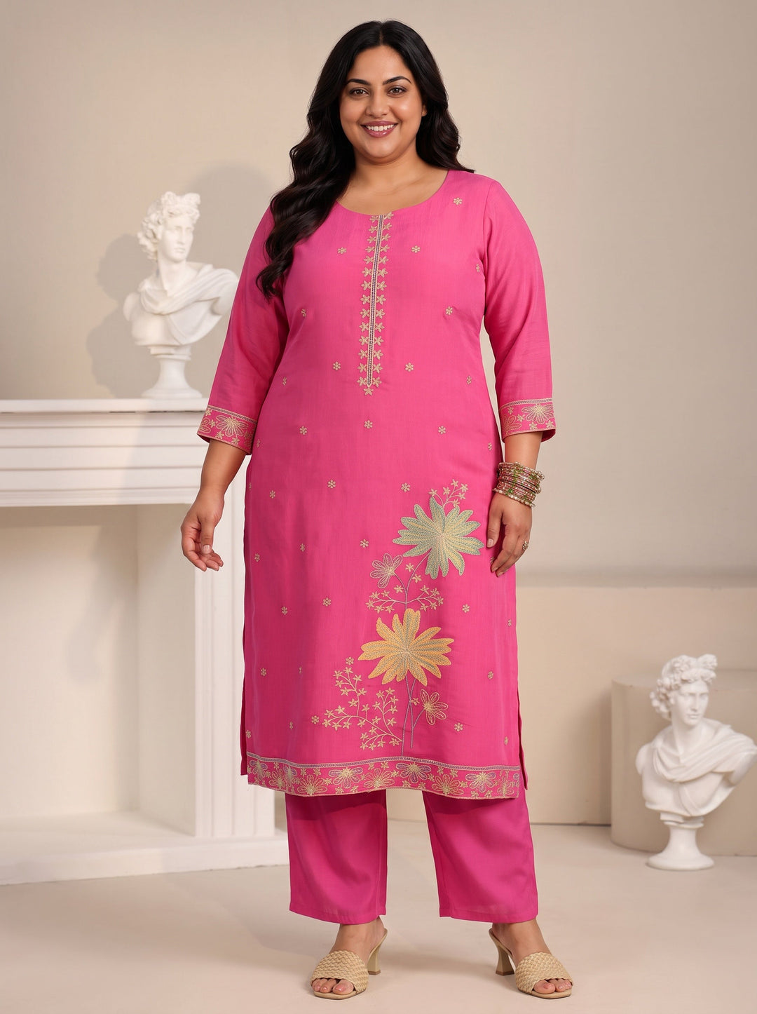 Plus Size Hot Pink Floral Embroidered Chanderi Silk Straight Suit Set