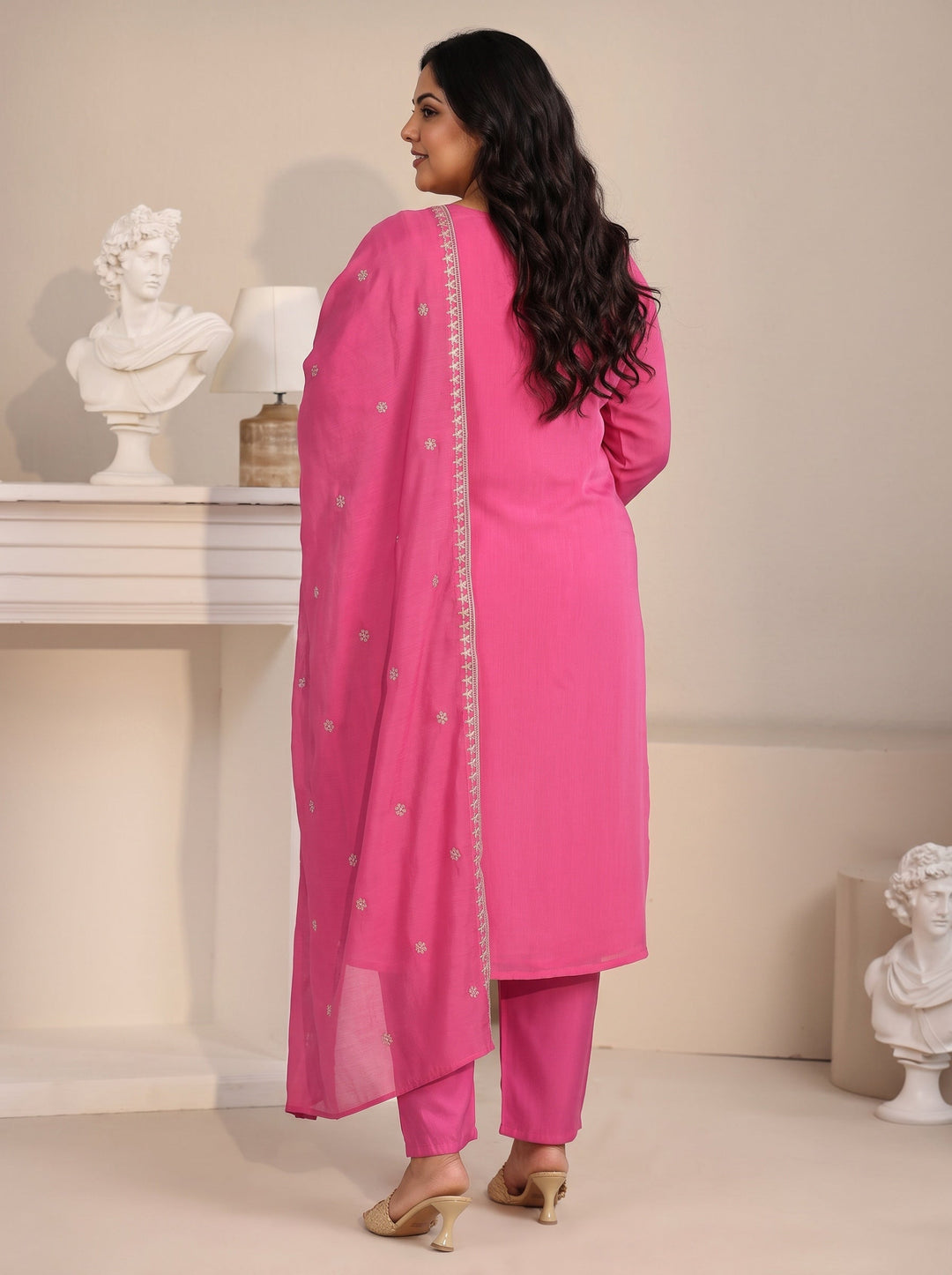 Plus Size Hot Pink Floral Embroidered Chanderi Silk Straight Suit Set