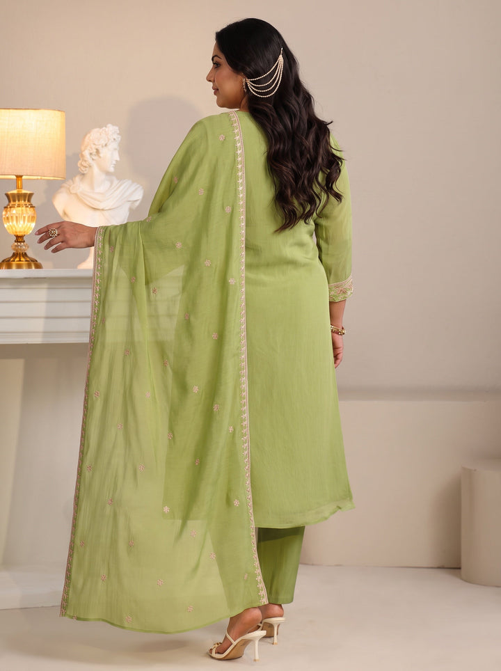 Plus Size Pista Green Floral Embroidered Chanderi Silk Straight Suit Set