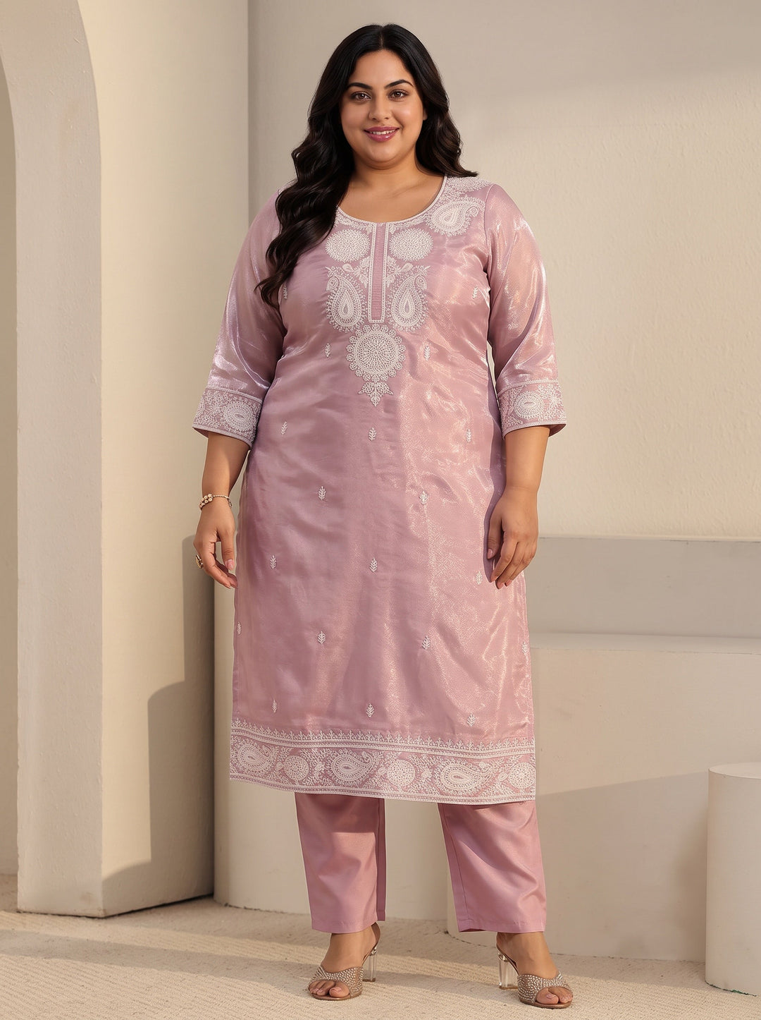 Plus Size Pink Paisley Embroidered Tissue Straight Suit Set