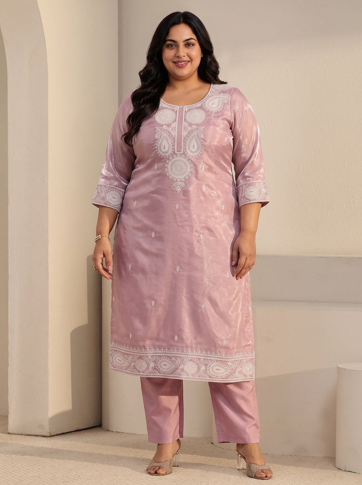 Plus Size Pink Paisley Embroidered Tissue Straight Suit Set