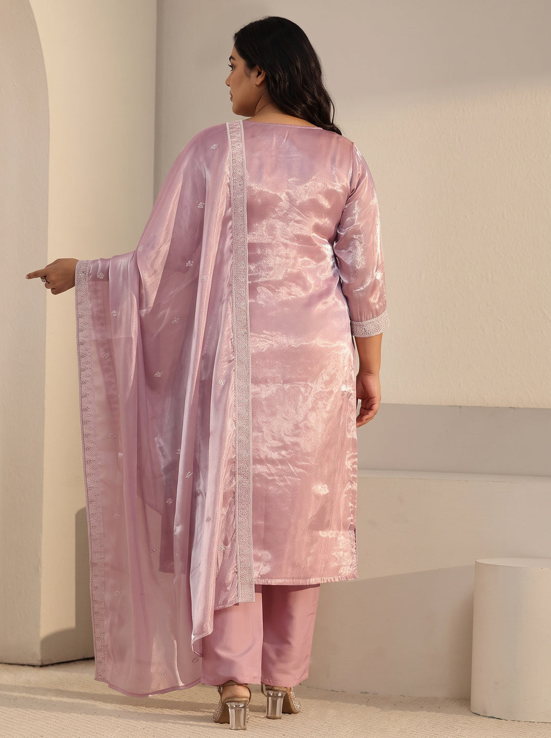Plus Size Pink Paisley Embroidered Tissue Straight Suit Set