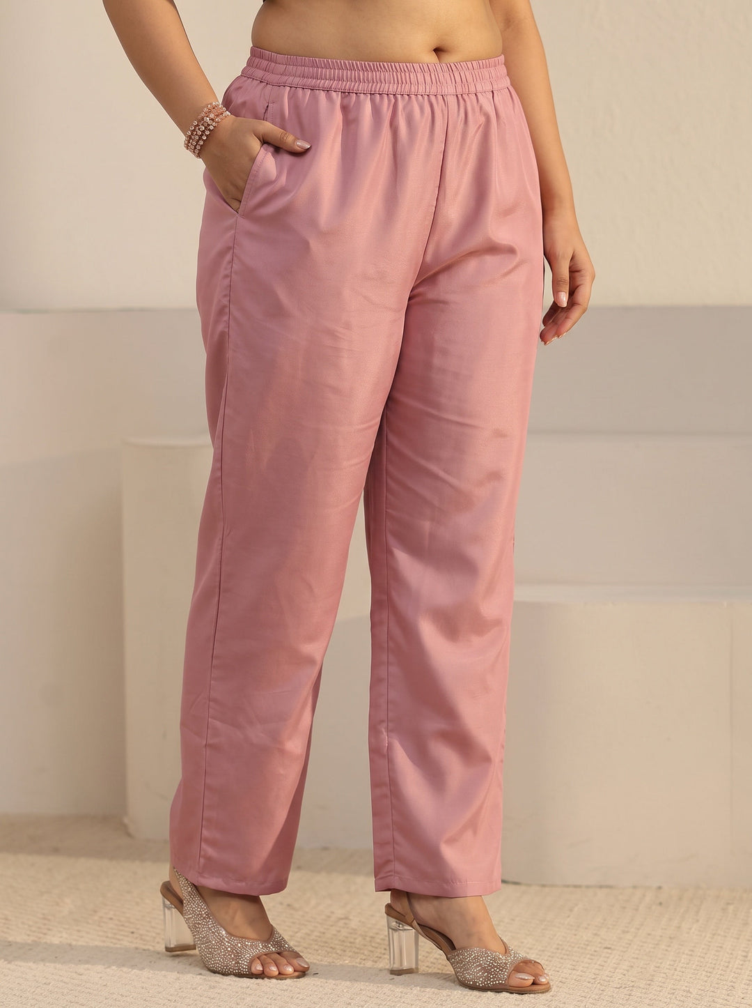 Plus Size Pink Paisley Embroidered Tissue Straight Suit Set