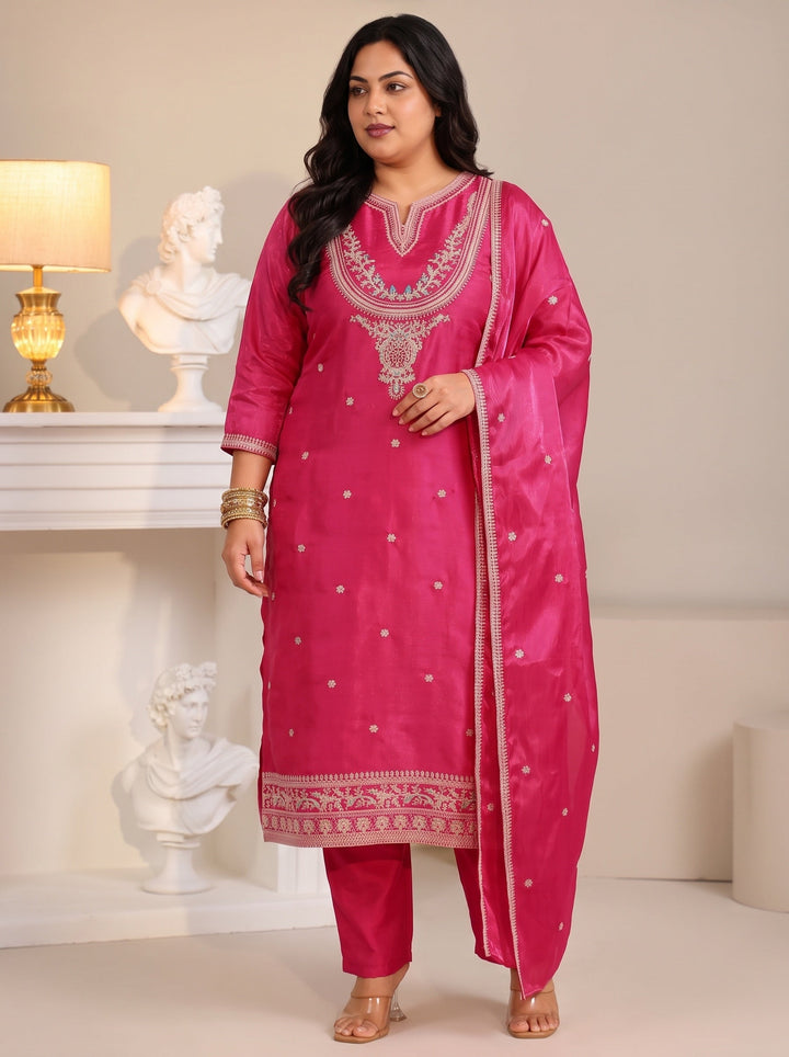 Plus Size Rani Pink Ethnic Embroidered Tissue Straight Suit Set