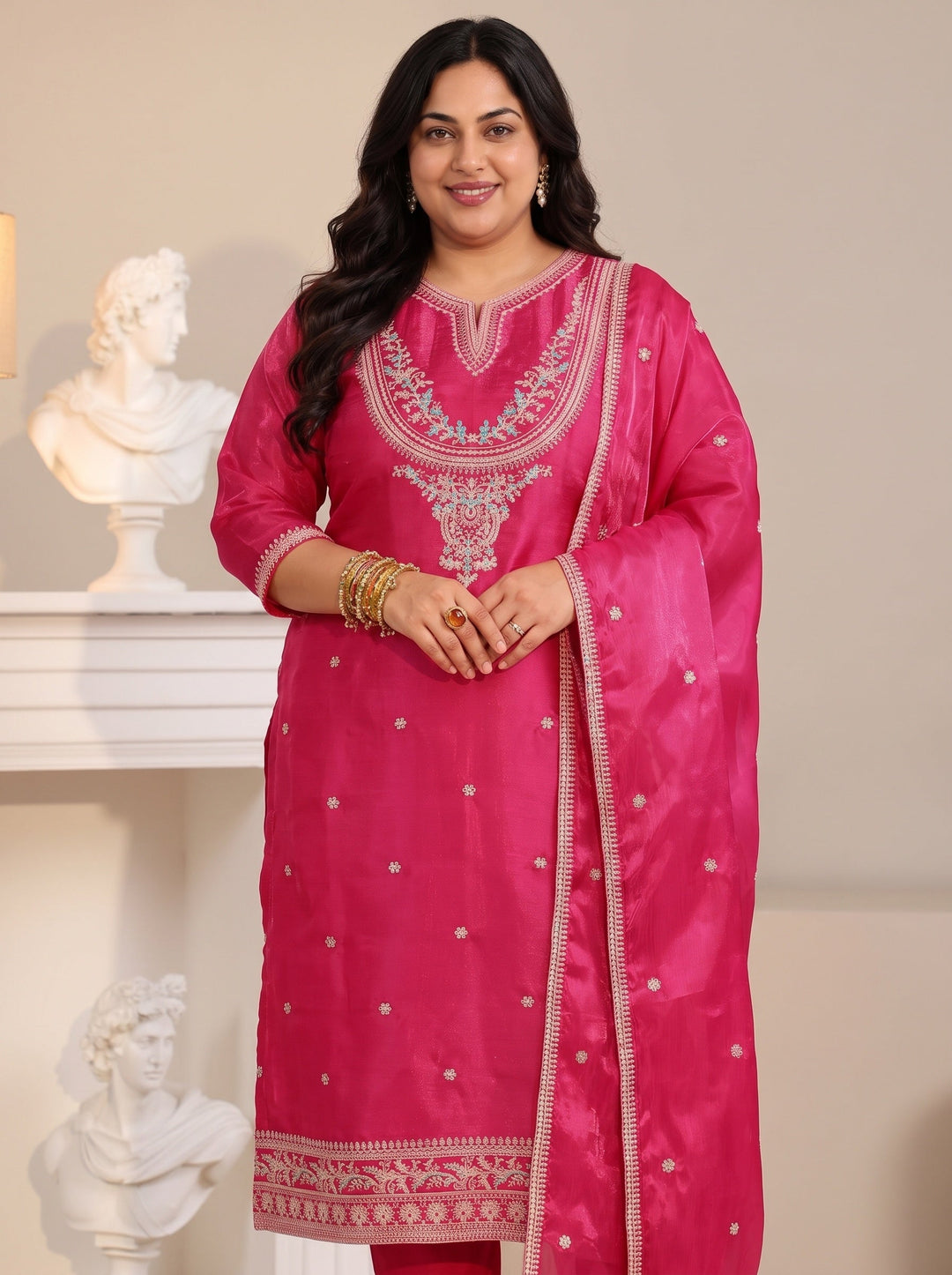 Plus Size Rani Pink Ethnic Embroidered Tissue Straight Suit Set