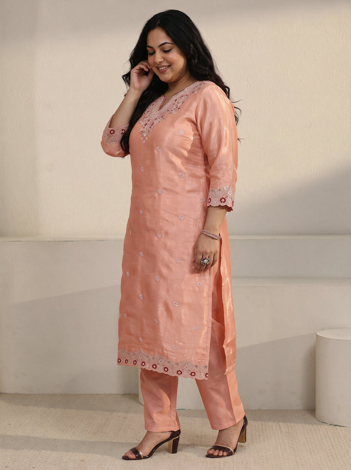 Plus Size Peach Pink Floral Embroidered Tissue Straight Suit Set
