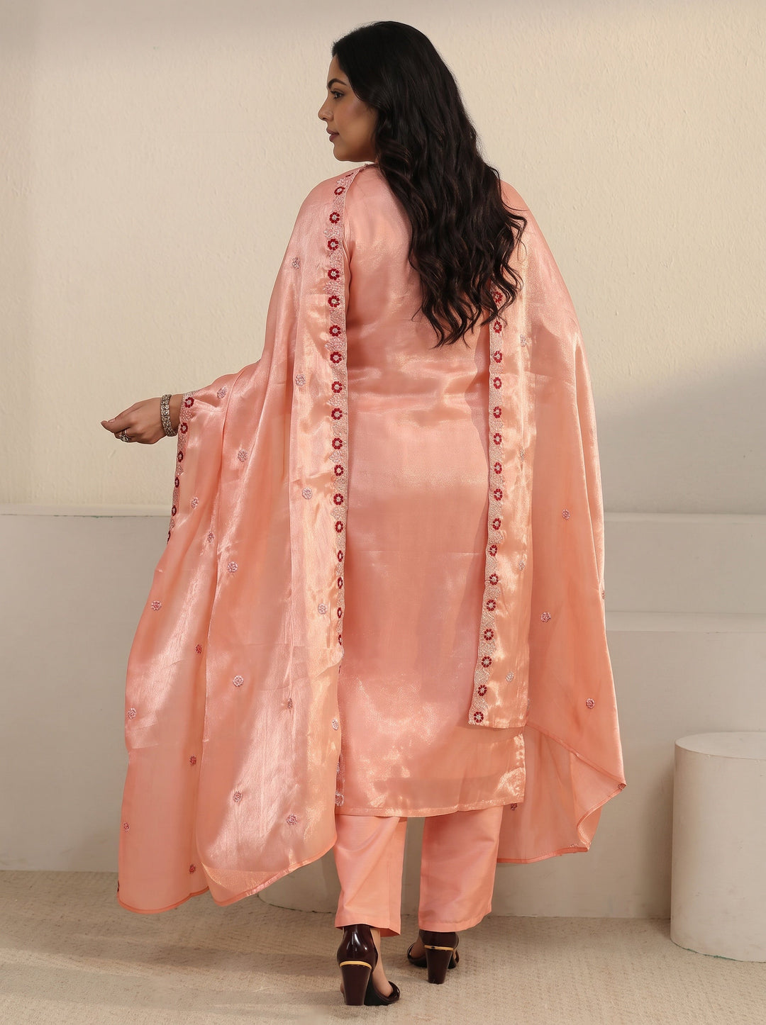 Plus Size Peach Pink Floral Embroidered Tissue Straight Suit Set