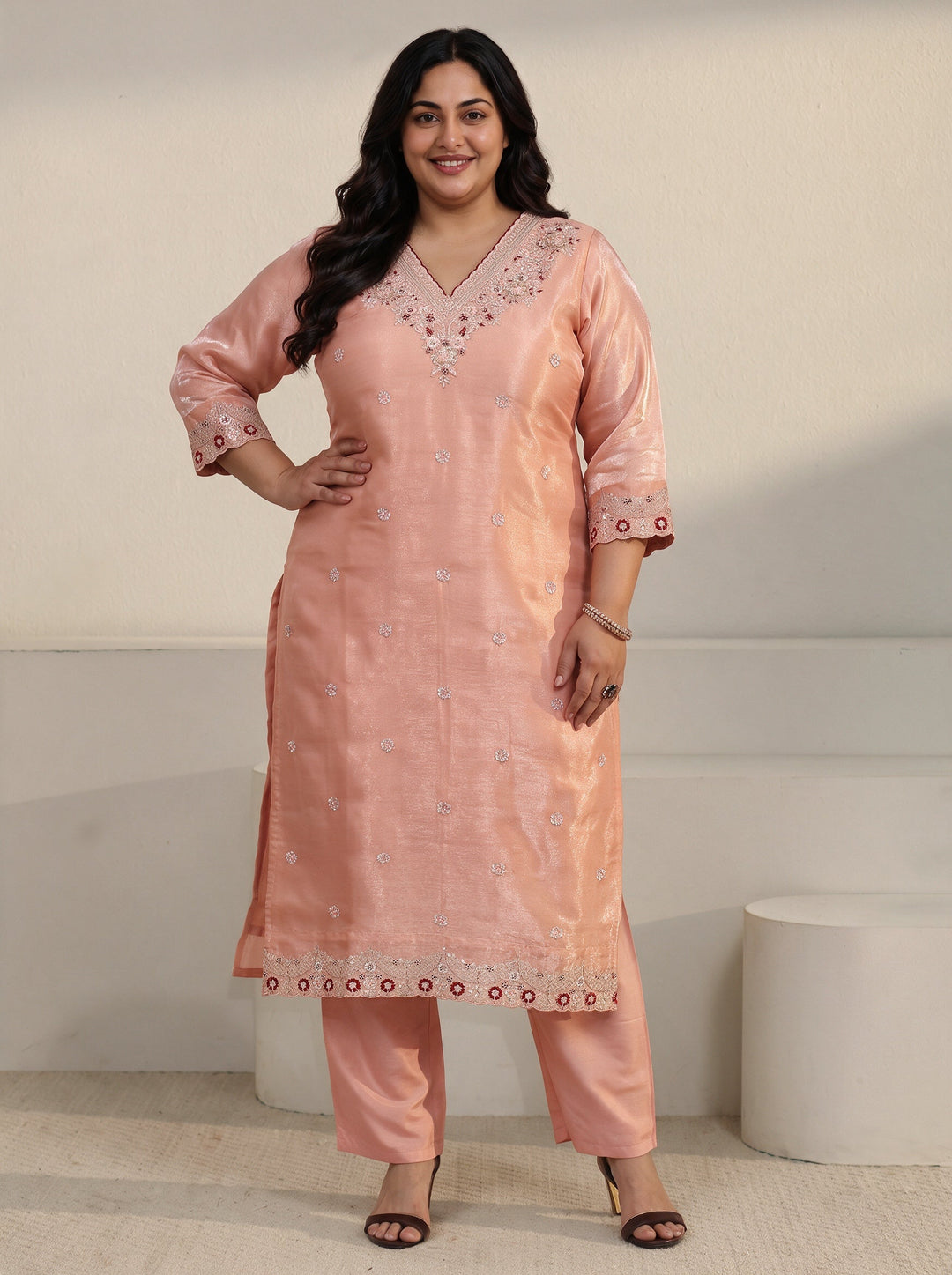 Plus Size Peach Pink Floral Embroidered Tissue Straight Suit Set
