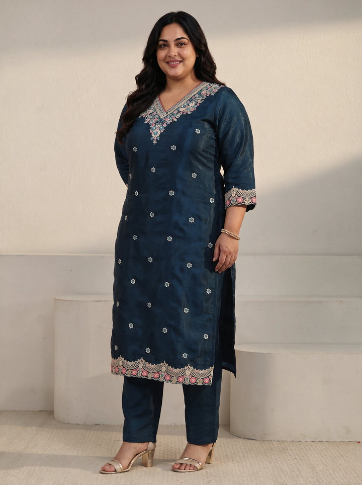 Plus Size Teal Blue Floral Embroidered Tissue Straight Suit Set