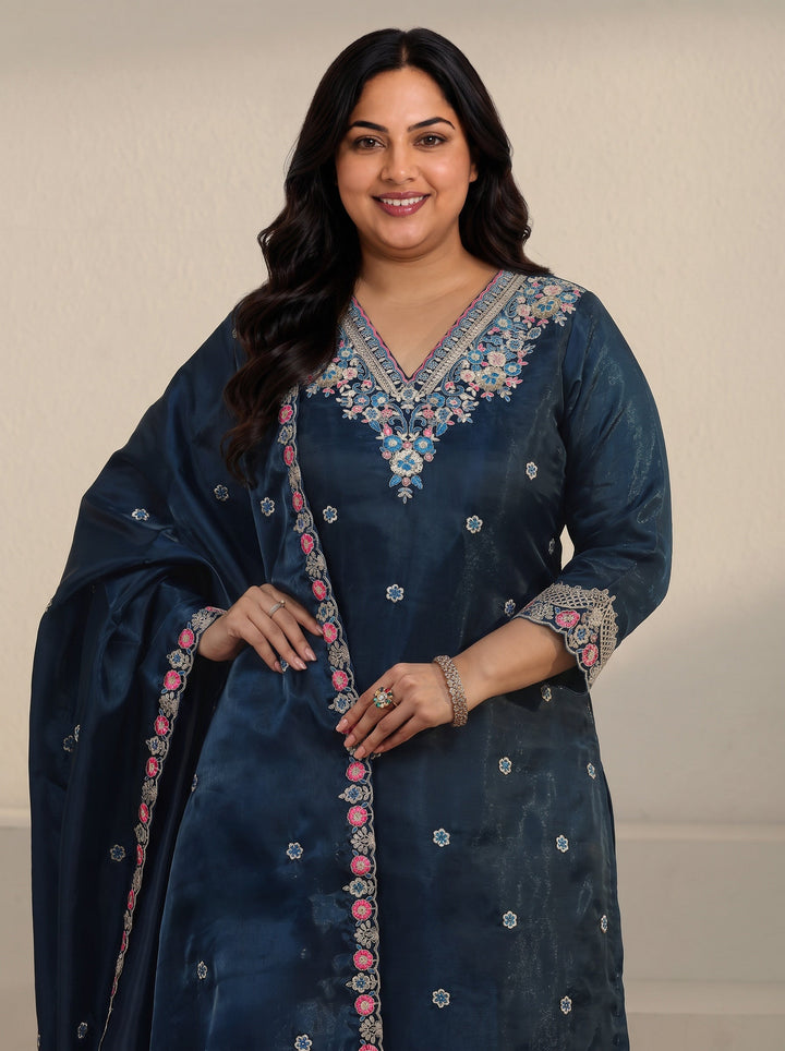 Plus Size Teal Blue Floral Embroidered Tissue Straight Suit Set