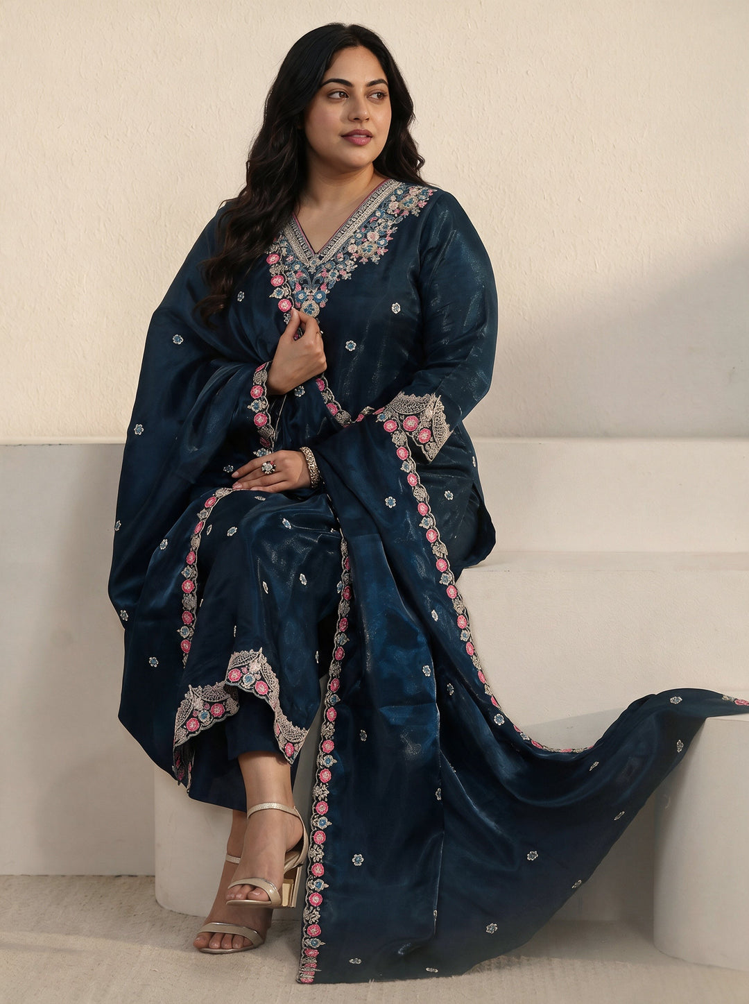 Plus Size Teal Blue Floral Embroidered Tissue Straight Suit Set