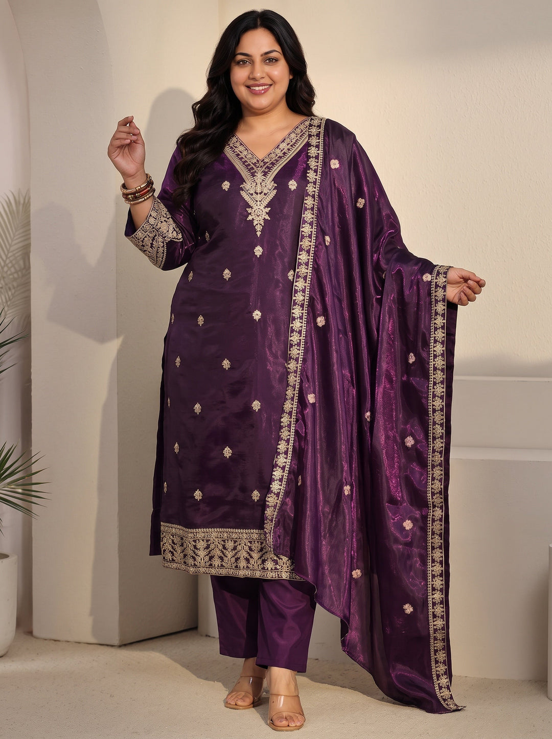 Plus Size Burgundy Floral Embroidered Tissue Straight Suit Set