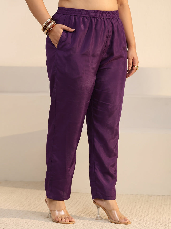 Plus Size Burgundy Floral Embroidered Tissue Straight Suit Set