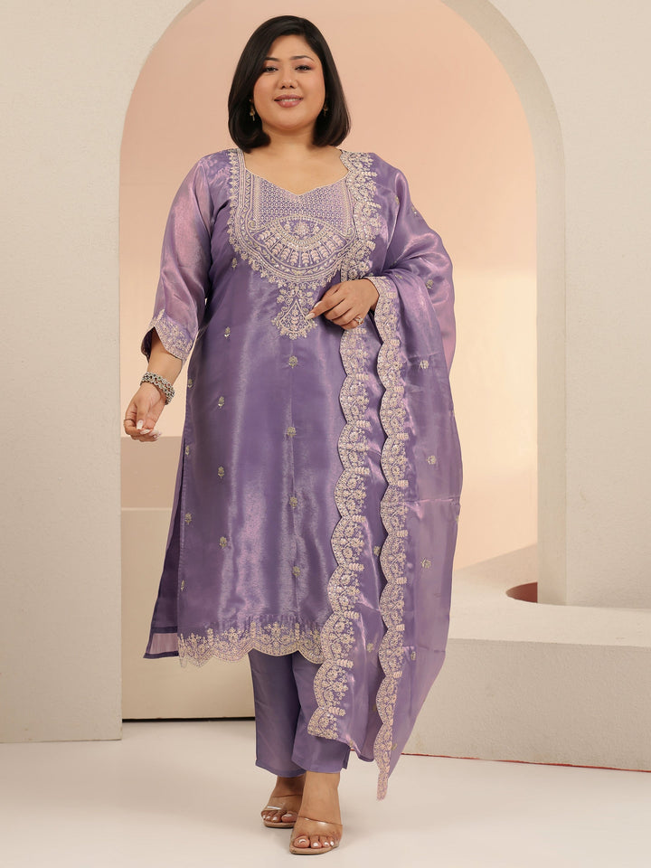 Plus Size Lavender Floral Embroidered Tissue Straight Suit Set