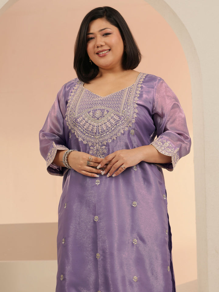Plus Size Lavender Floral Embroidered Tissue Straight Suit Set