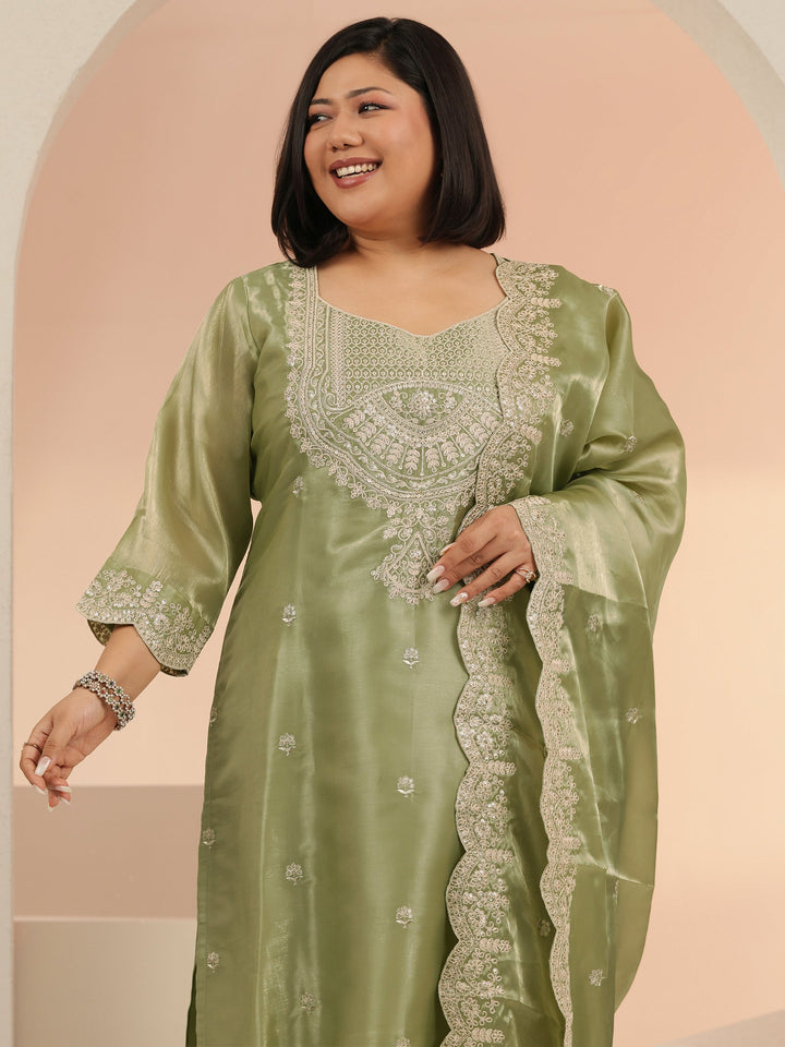 Plus Size Green Floral Embroidered Tissue Straight Suit Set