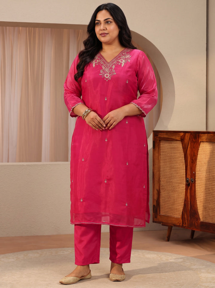 Plus Size Fuchsia Pink Floral Embroidered Tissue Straight Suit Set
