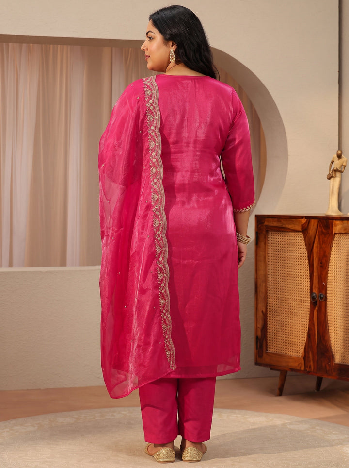 Plus Size Fuchsia Pink Floral Embroidered Tissue Straight Suit Set