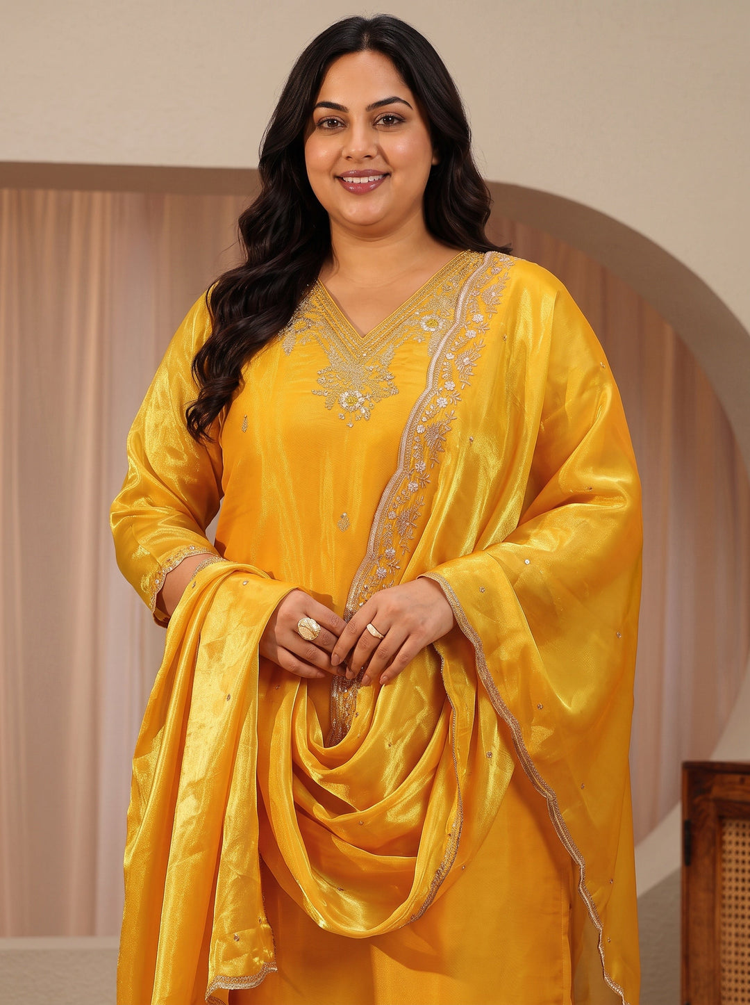 Plus Size Yellow Floral Embroidered Tissue Straight Suit Set