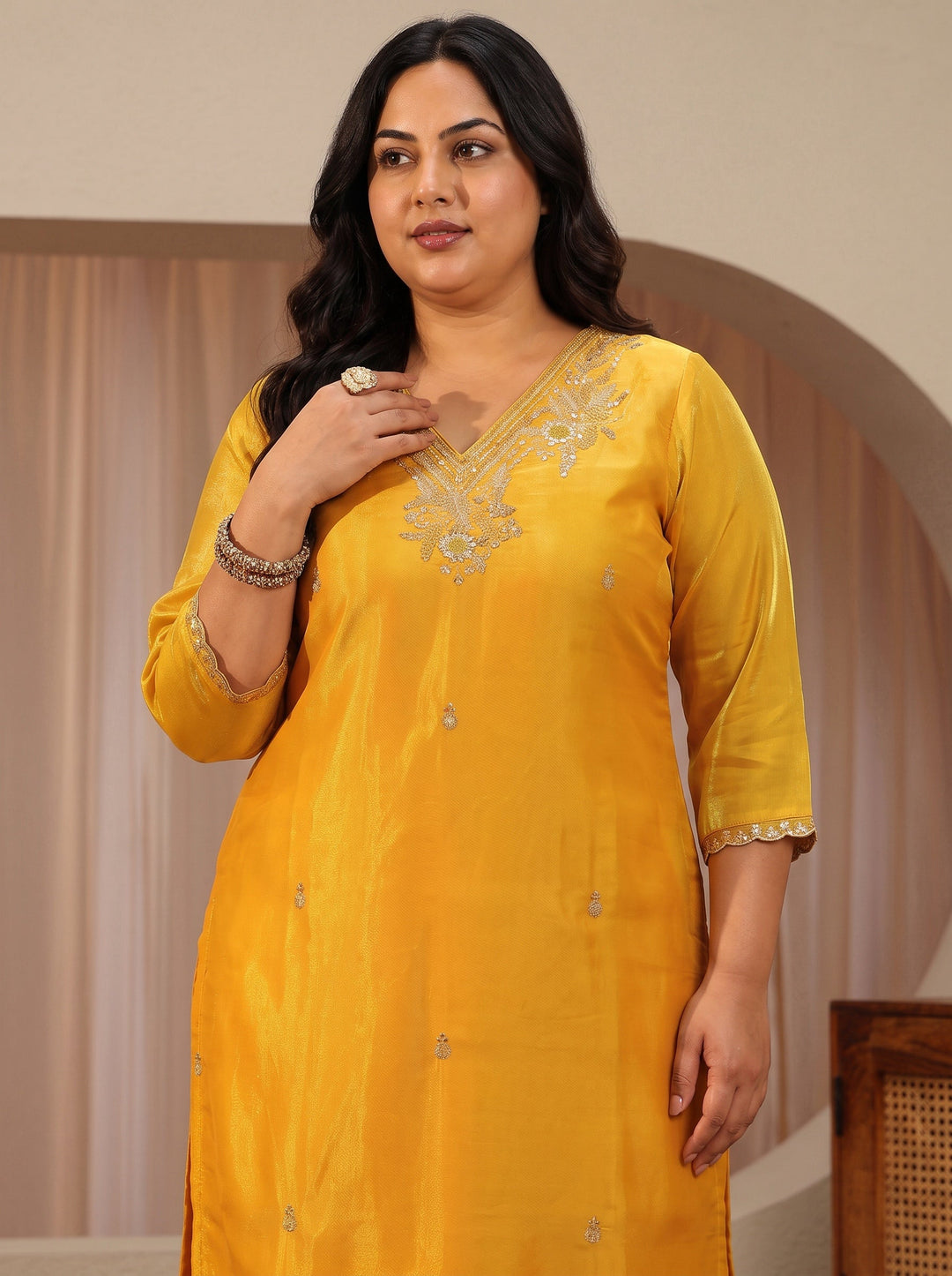 Plus Size Yellow Floral Embroidered Tissue Straight Suit Set