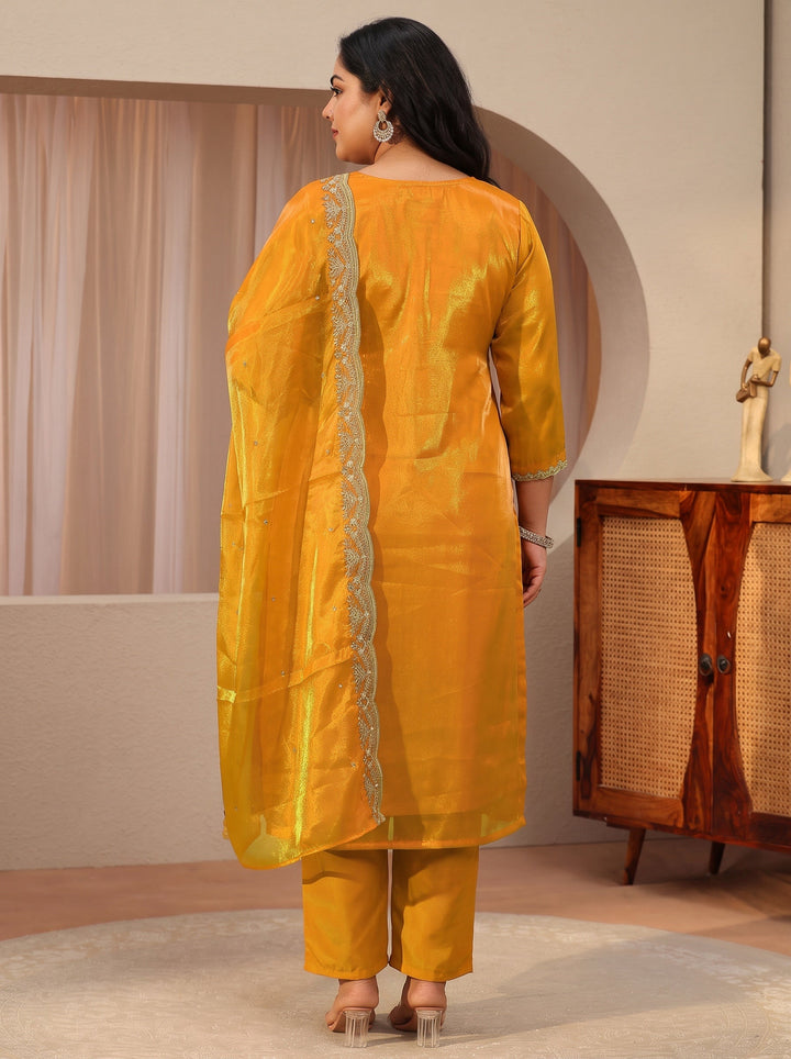 Plus Size Yellow Floral Embroidered Tissue Straight Suit Set