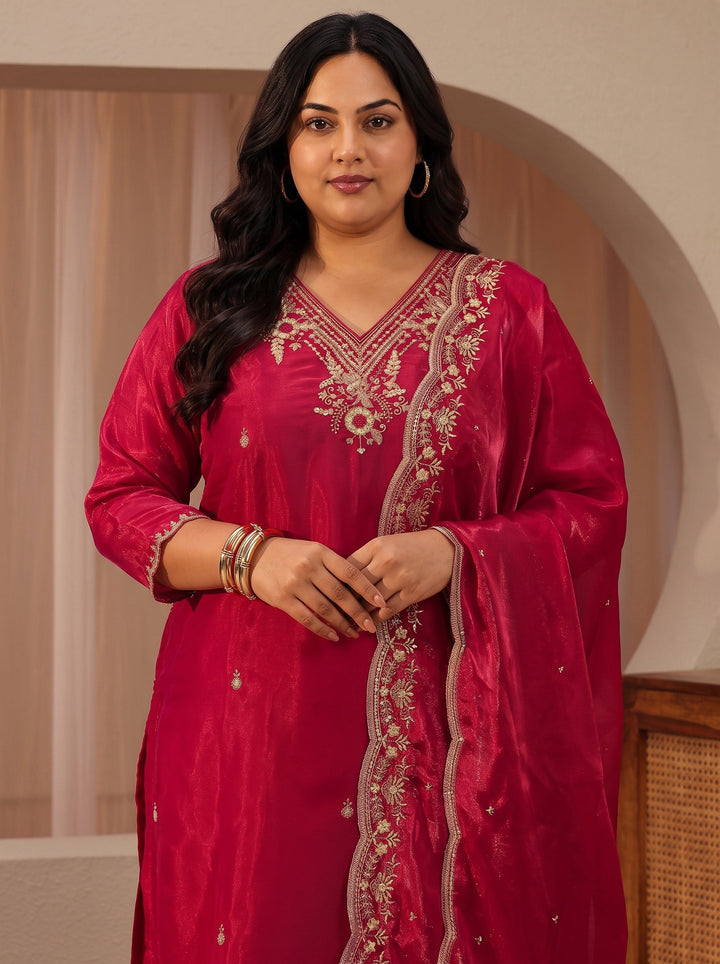 Plus Size Red Floral Embroidered Tissue Straight Suit Set