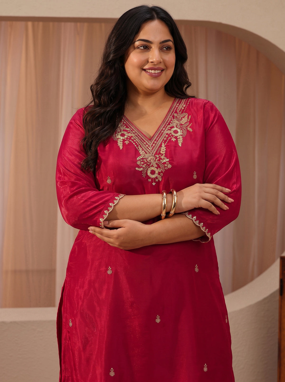 Plus Size Red Floral Embroidered Tissue Straight Suit Set